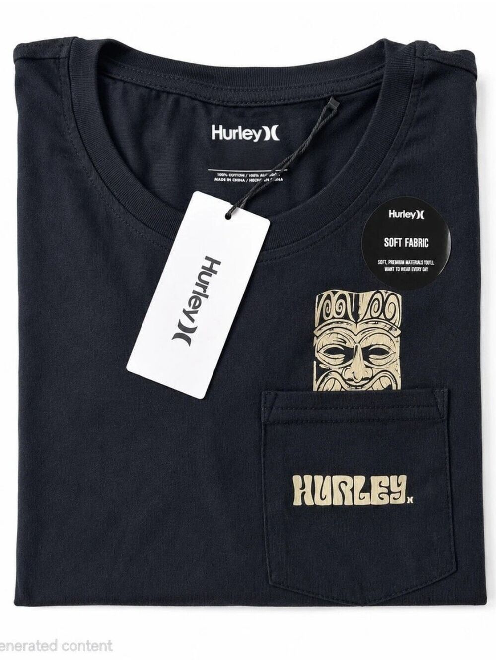 Hurley Black Tee with Tan Tiki Pocket Graphic Small